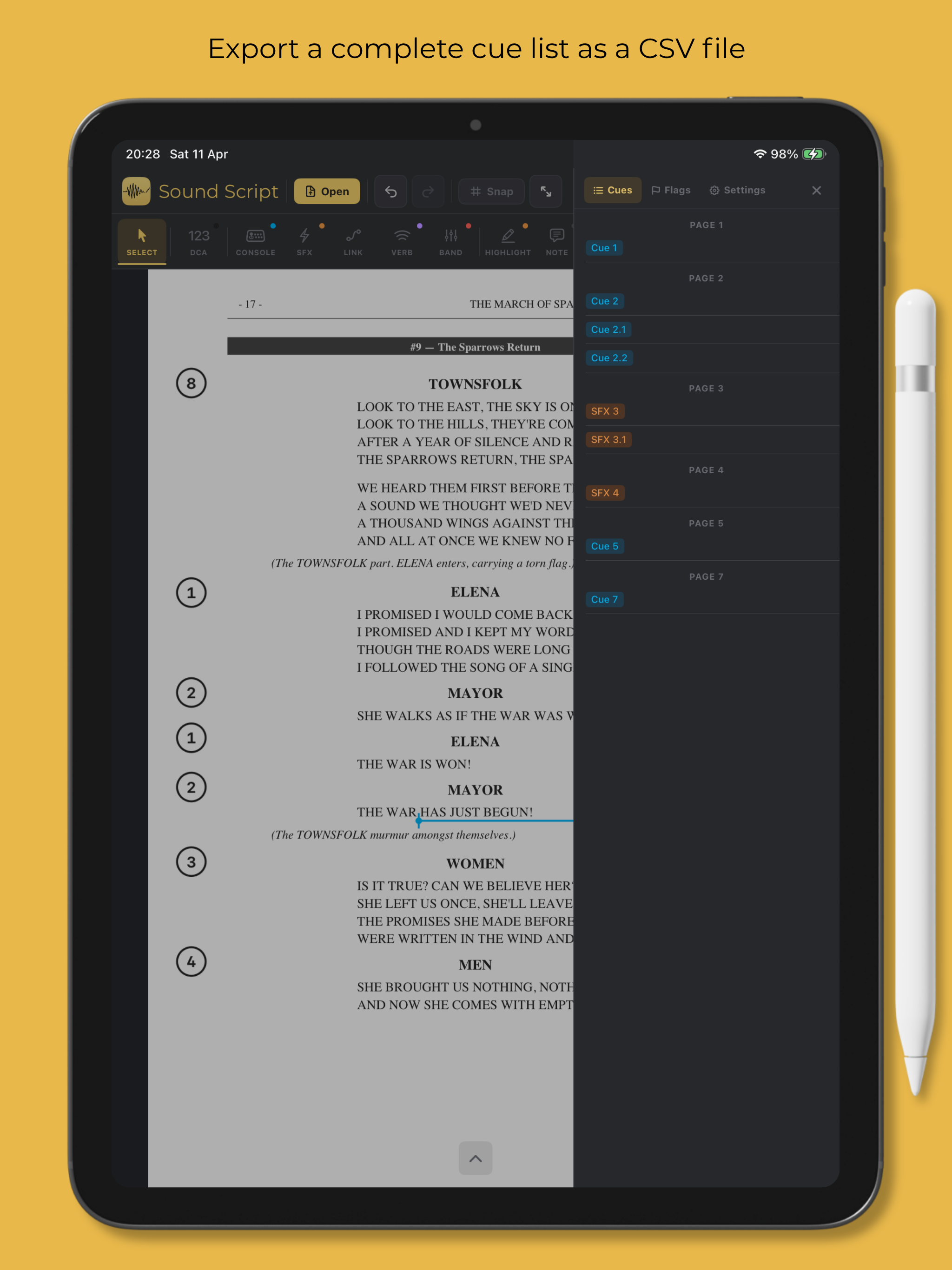 Export a complete cue list as a CSV file