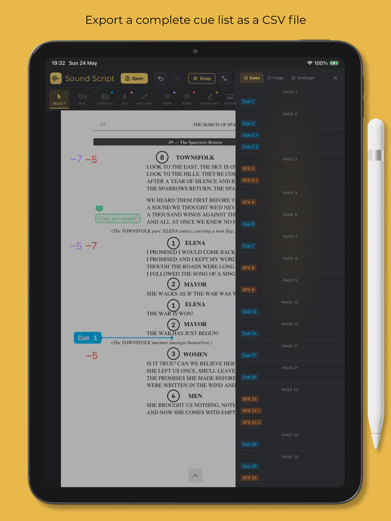 Export a complete cue list as a CSV file
