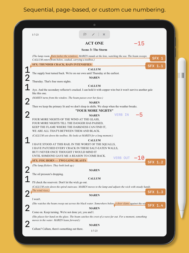 A script page in Show Mode, with SFX cues linked to their go-points and DCA numbers down the left margin.