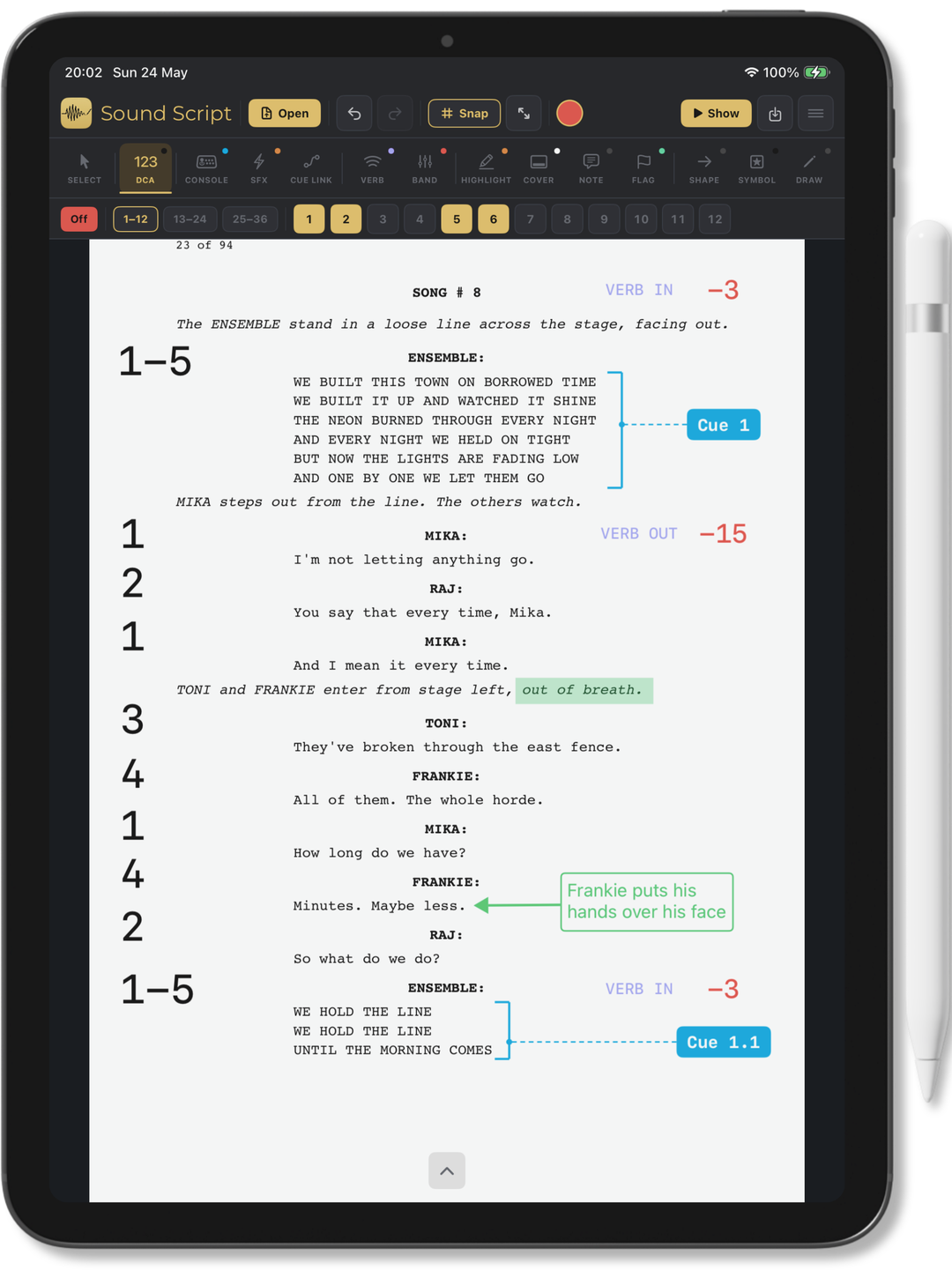 Sound Script on an iPad, a musical theatre script marked up with cues, DCAs and levels.
