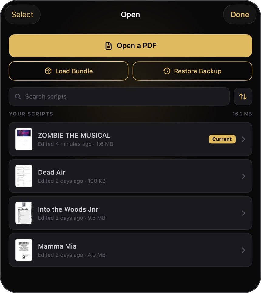 The Your Scripts library, with page thumbnails, search and sorting.