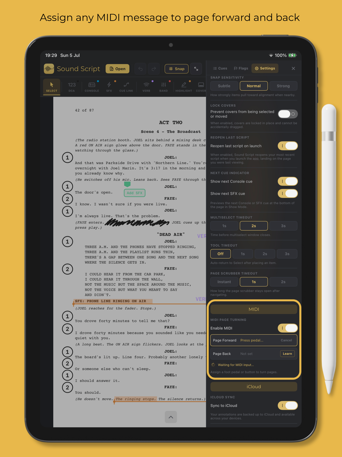 Assign any MIDI Note, Control Change or Program Change to page forward and back