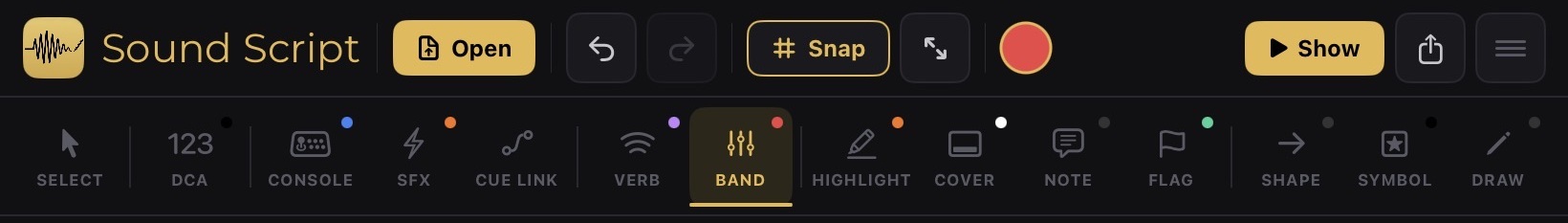 The Sound Script toolbar, with every tool labelled